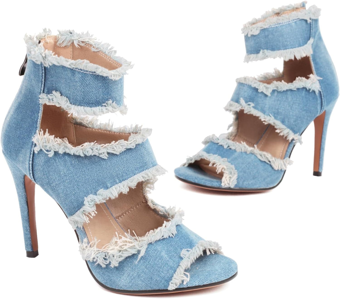 Women'S Peep Toe Ankle Strap Stiletto High Heel Denim Sandals