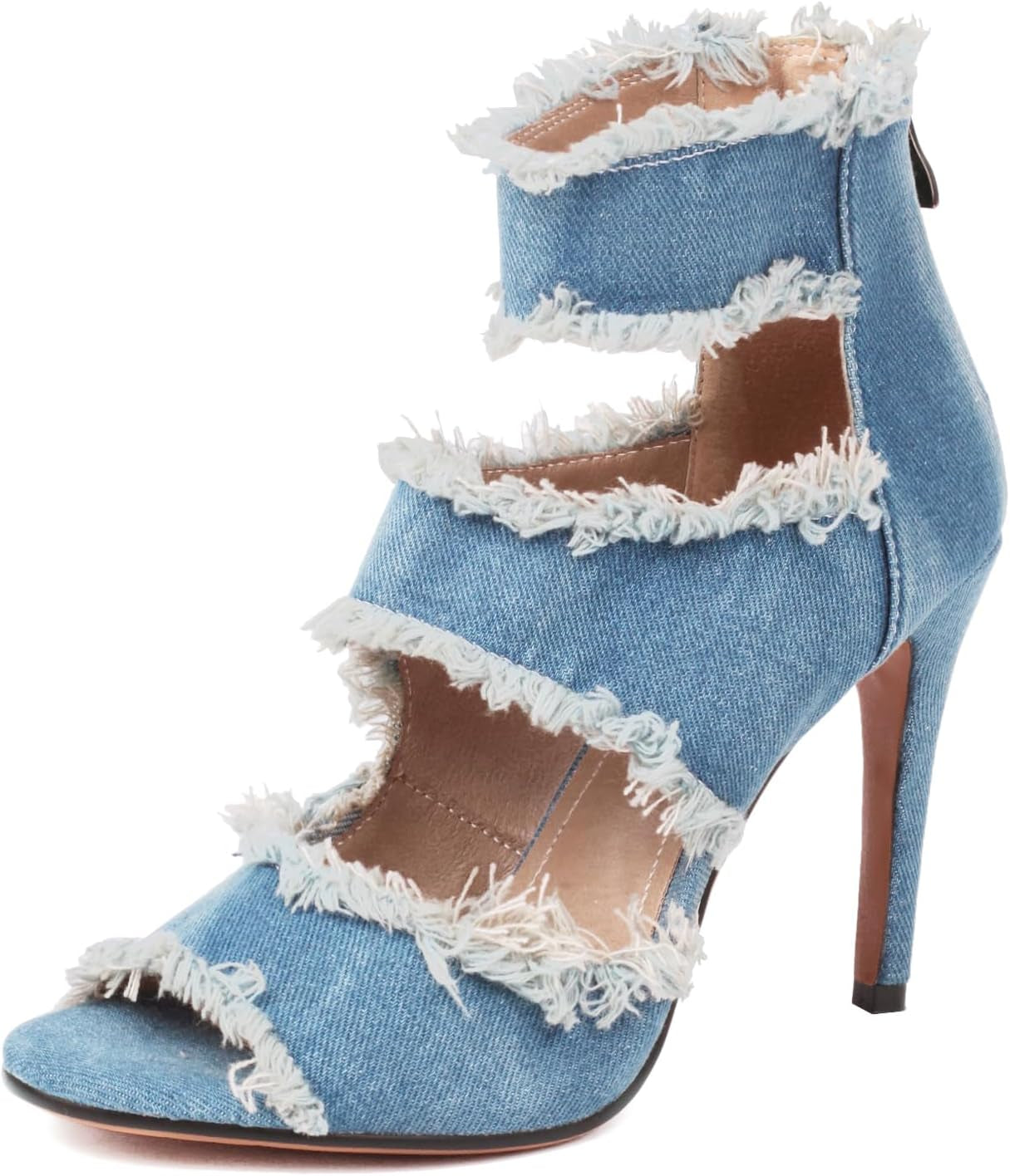 Women'S Peep Toe Ankle Strap Stiletto High Heel Denim Sandals